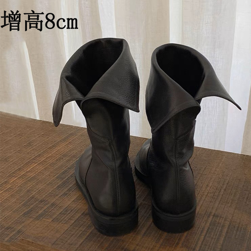 Cowhide ~ Genuine Leather Slit and Foldable Two-Wear Boots Mid-Calf Motorcycle Boots Retro Handsome Flats-Soled Boots Women's Short Boots