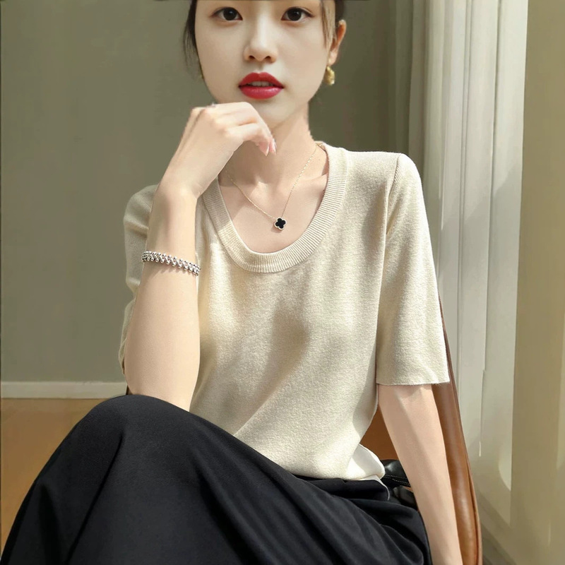 Spring and Summer New Style Ice Silk Knitwear, Loose Thin Top with Large Round Neck and Short Sleeves, Direct Sales from the Manufacturer