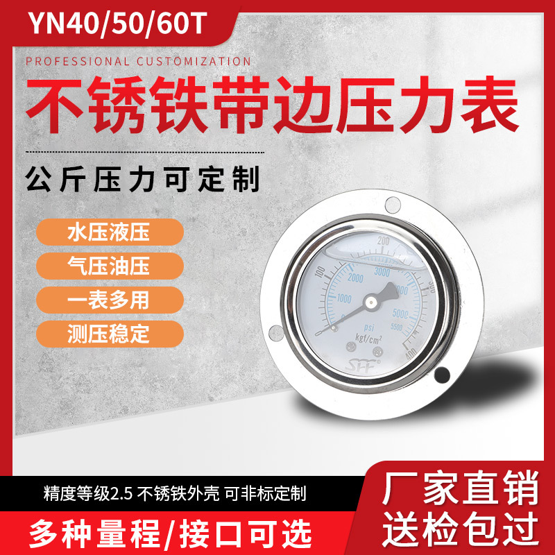 耐震压力表 YN40/50/60/100ZT 轴向 背式带边 SFF索菲带边压力表