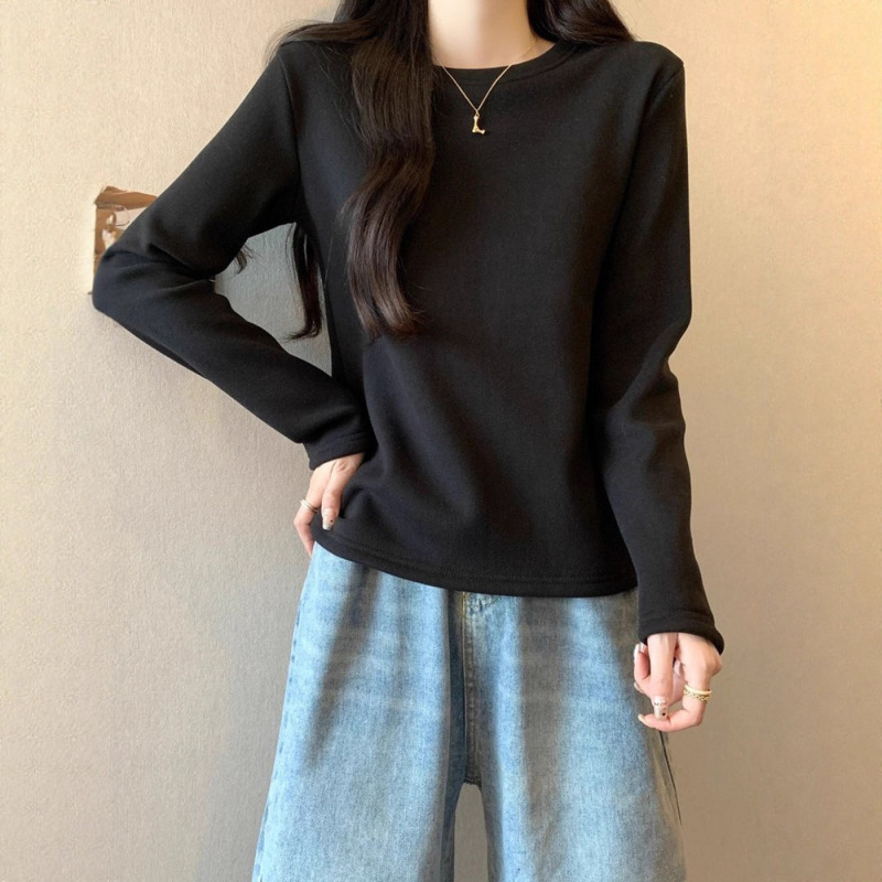 双面德绒圆领打底衫女内搭2025春秋新款修身高弹显瘦保暖长袖秋衣|undefined