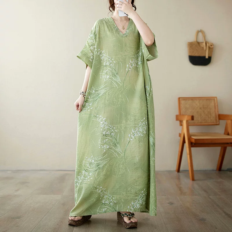 Summer retro long beach dress, V-neckline, cotton and linen, plus size