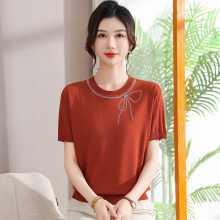 夏季冰丝短袖新款时尚镶钻妈妈装上衣圆领针织衫中老年女装T恤衫