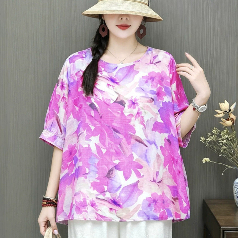 Foreign Trade Cotton and Linen T-Shirt Short-Sleeved Women's Summer Thin Large Size Loose Versatile Printed Round Neck Artistic Top Cotton and Linen Shirt Foreign Trade Cotton and Linen T-Shirt Short-Sleeved Women's Summer Thin Large Size Loose Versatile Printed Round Neck Artistic Top Cotton and Linen Shirt