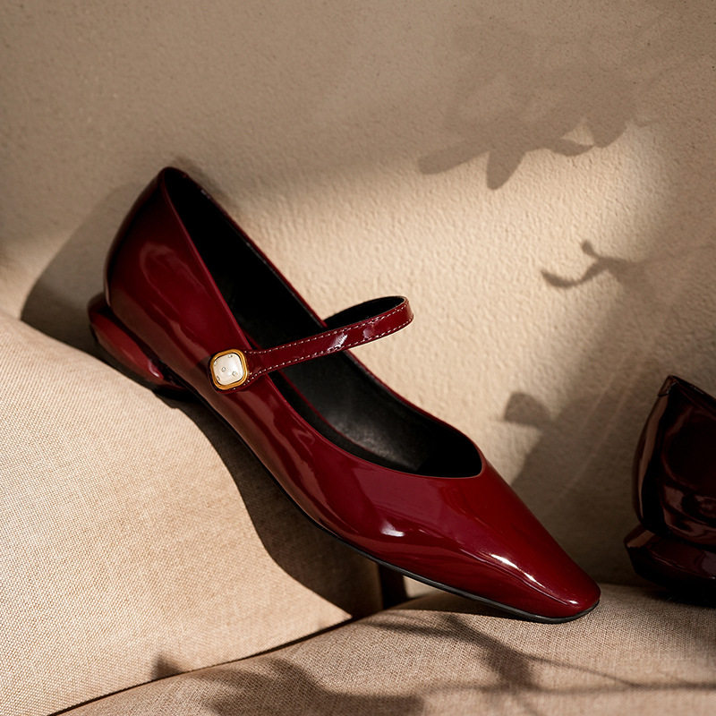 Giày Mary Jane quai ngang mũi vuông đế thấp gót dưới 3 cm — Màu mơ, Màu đen, Màu đỏ rượu