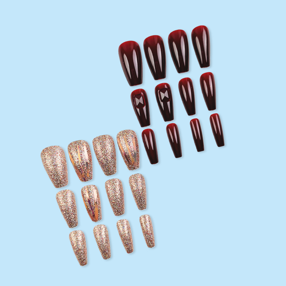 El comercio exterior brilla vino rojo desgaste de uñas europeas y estadounidenses viento tridimensional perforación de uñas falsas 24 piezas de uñas al por mayor