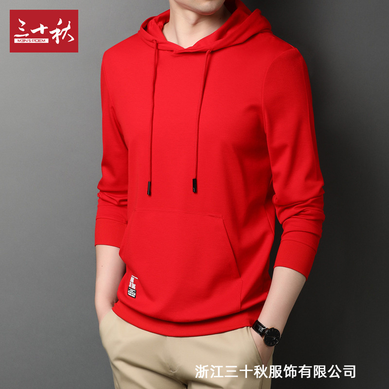 三十秋秋季新款红色本命年卫衣男士帽衫潮牌衣服薄款连帽外套上衣