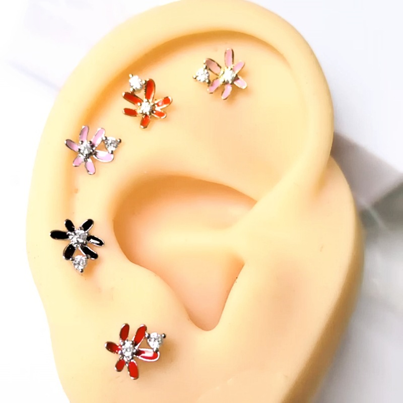 18K Real Gold Spiral Mosquito Ear Bone Stud Colorful Enamel Flower Earrings for Women Fashion Sweet detail image 8