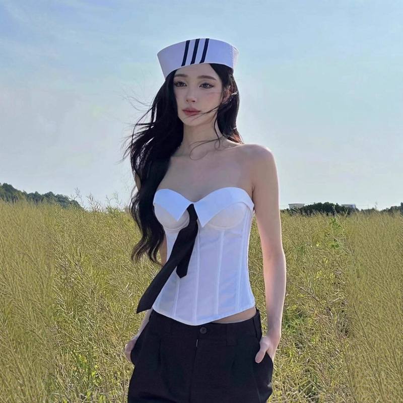 Yi Mengling's Same Style Guiz* Fishbone Tie Lapel Shirt Stereo Sexy Tube Top American Sexy Style Top