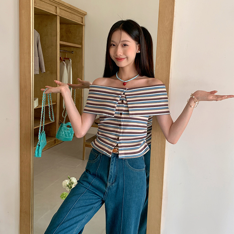 Aixili 2024 Summer Korean-style Sweet Color Striped Contrast Shoulder Lassel Sweater 11259