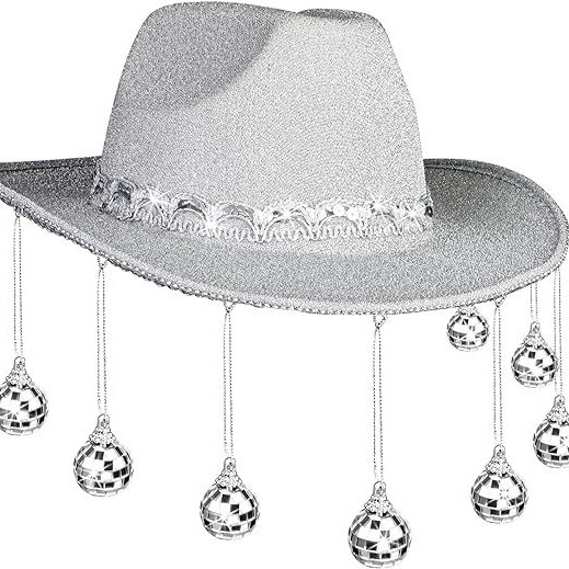 Disco Ball Ball Ball Ball Sombrero de vaquero colorido Espejo plateado Sombrero de copa con flecos de despedida de soltero Sombrero de diamantes de boda BRIDE
