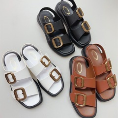 外貿原單真皮女鞋豆豆鞋皮帶扣平底涼鞋土豆絲厚底鞋大牌出口鞋