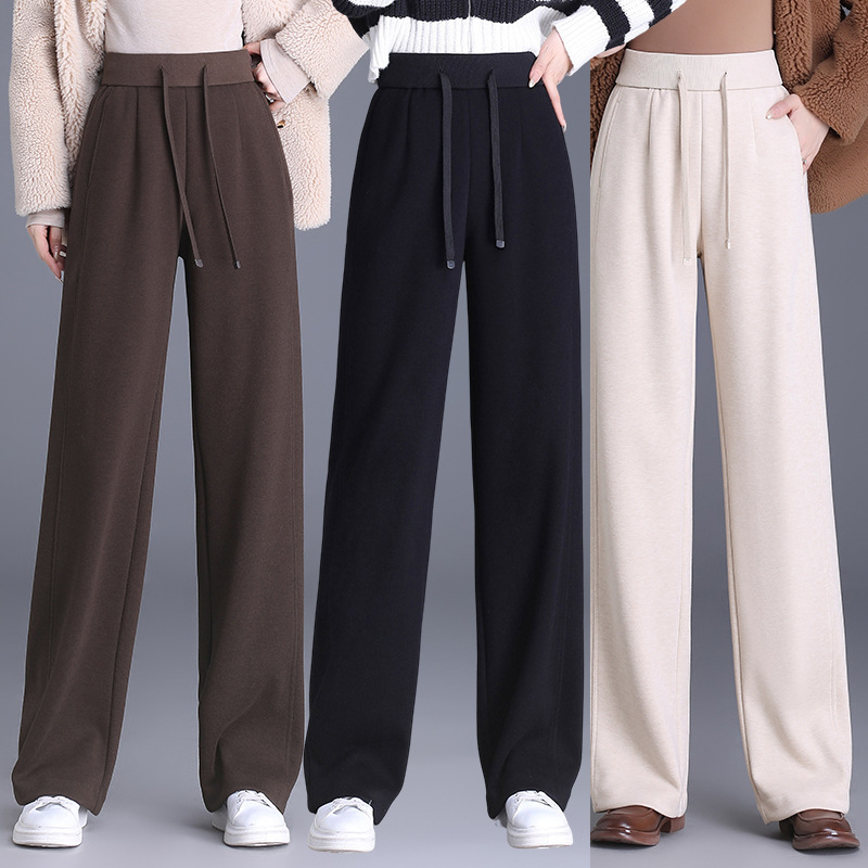 华哥弟情2024秋冬羊毛窄版阔腿裤女品牌大码松紧腰羊毛休闲直筒裤