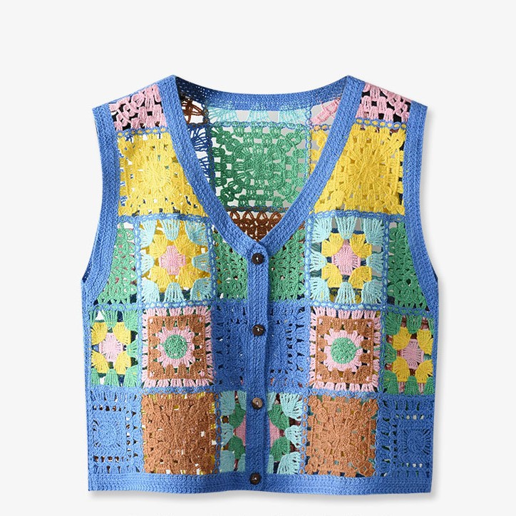 Nuevo estilo japonés hecho a mano de ganchillo contraste de color de punto Chaleco de las mujeres de moda de reducción de edad versátil chaleco cardigan desgaste exterior de moda superior