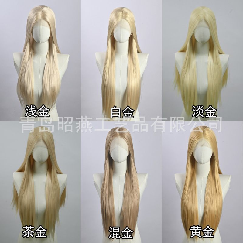 万用白金色13*4大面积手勾前额蕾丝全头套假发女cos自然手钩毛胚|undefined