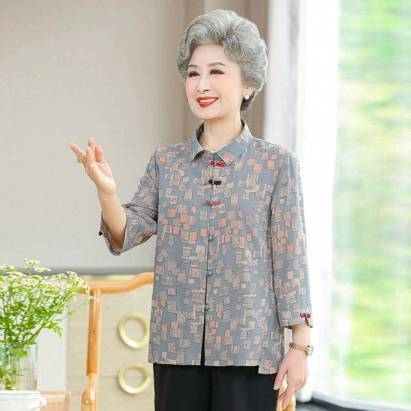 Летнее платье для пожилых женщин рубашки с длинными рукавами большой размер бабушкины набор пожилой пожилой одежды средней и старшей мамы рубашки