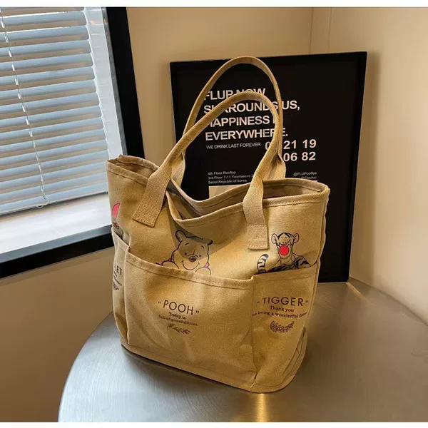 Korean Version 2024 Autumn New Canvas Printed Handbag Cartoon Tote Bag Large Capacity Mommy Bag Casual Bucket Bag