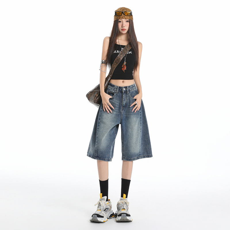 Jinjing Same Style American Style Vintage Five-point Jeans Men's and Women's Summer High Waist Slimming Loose Scimitar Wide Leg Pants