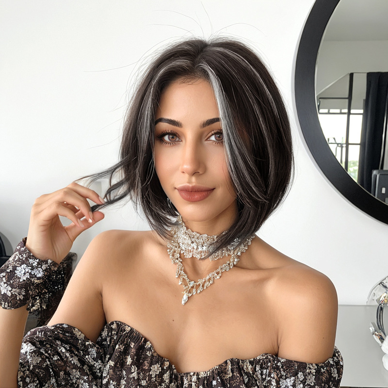 Small t Lace Wig with Black Highlights, 12inch Short Straight Hair Styles, Comfortable and Breathable, Suitable for All Types of Women Small t Lace Wig with Black Highlights, 12inch Short Straight Hair Styles, Comfortable and Breathable, Suitable for All Types of Women