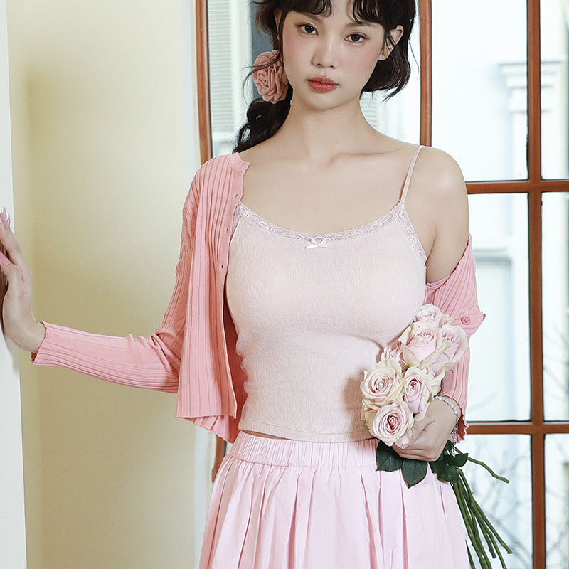 Early Spring Pure Desire Bm Style Cool Texture Cotton Starry Lace Trim with Chest Pads for Inner Wear or Outer Wear Tank Top