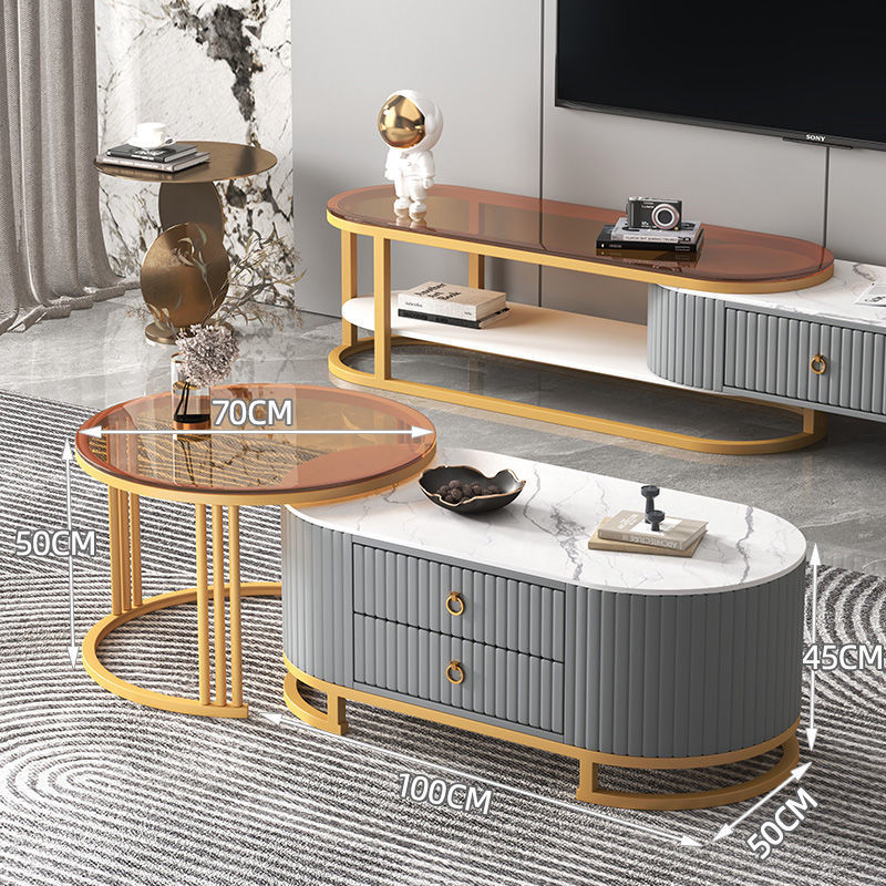 Mesa de centro de pizarra, mueble de TV, lujo ligero, sensación moderna de alta gama, sala de estar para el hogar, combinación de mesa de centro telescópica ovalada, mesa lateral