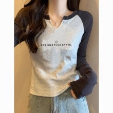 撞色V领长袖t恤女新款小众设计感时尚百搭修身显上衣春秋季
