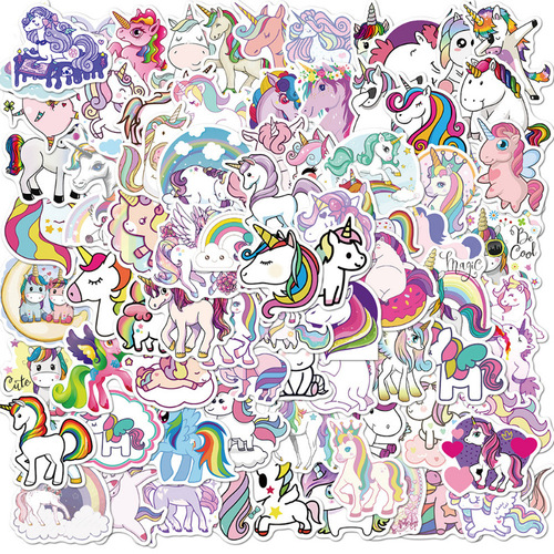 100 Sheets Cartoon Unicorn Pony Graffiti Waterproof Stickers Laptop Decor DIY Removable Decals 