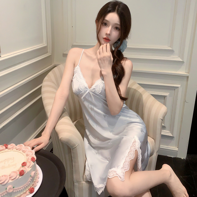 Verano con cojín de pecho pijama de chicas mariposa impresión de plata escaldado pijama de seda de hielo y nieve vestido de cinturón sexy pura ropa para el hogar