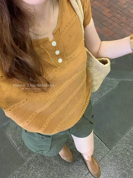 Peanut Peanut Home Summer Korean-Style Hollow-Out Design Versatile Slim-Fit Elegant Round-Neck Short-Sleeve Knit Top 11360