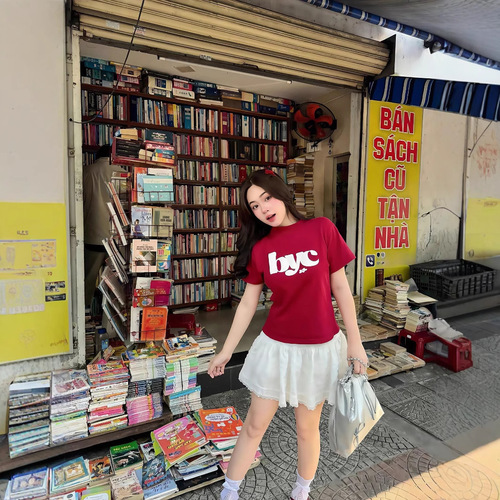 Foam Print Regular Fit Short Sleeve T-Shirt for Women 2025 Summer Stylish Round Neck Student Top Women's Fashion