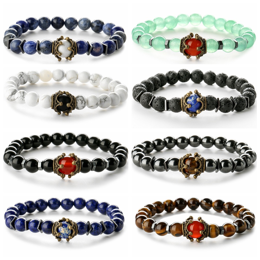 Joyería popular europea y americana suministro de piedra natural Ojo de Tigre piedra corona pulsera esmerilado con cuentas pulsera de moda