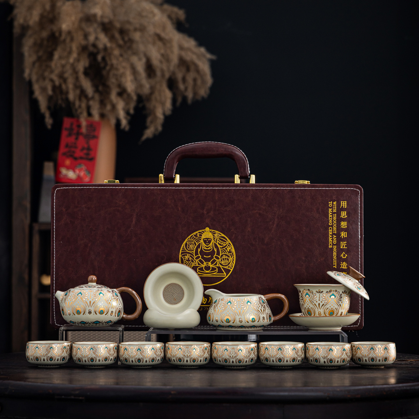 新品文创黄汝窑敦煌凤翎西施壶茶具套装整套商务银行公司高档礼品