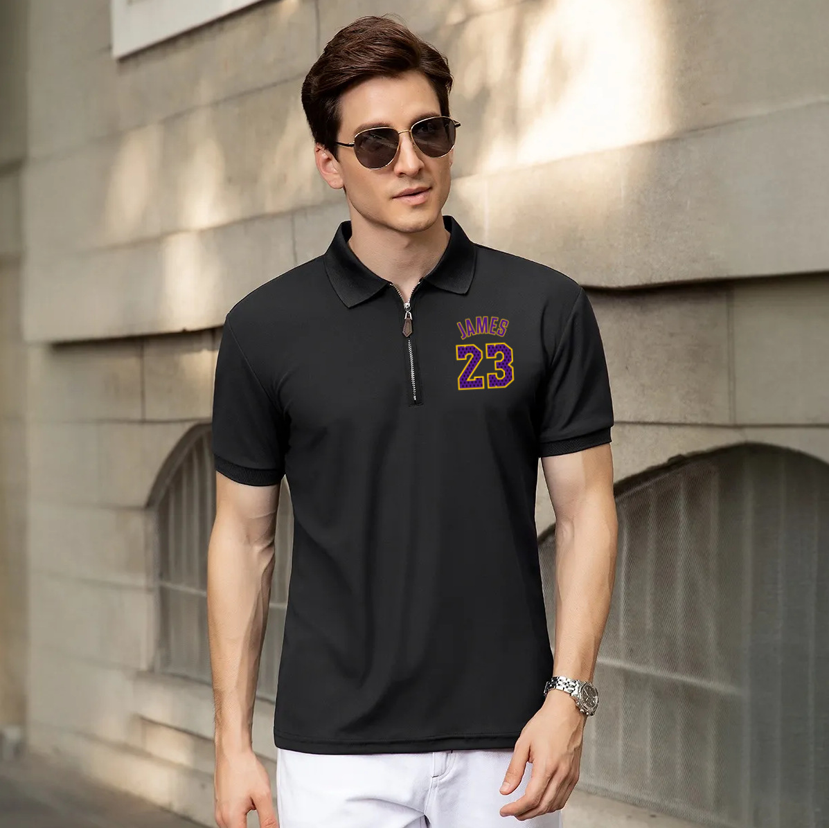 No. 23 Zip-up Polo Shirt, Business Casual Short-sleeved Lakers Color Scheme Basketball T-shirt_viptrois.com