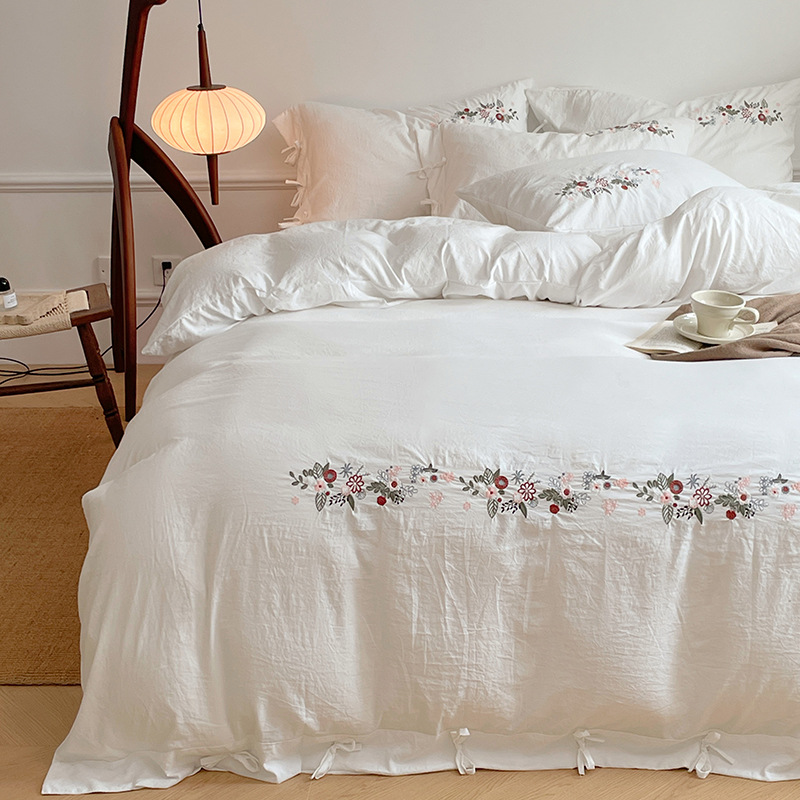 Class a Retro High-Weight Embroidered Strap Washed Cotton Four-Piece Set Imitation Hemp Cotton Linen Bed Bed Sheets Quilt Cover Three-Piece Set