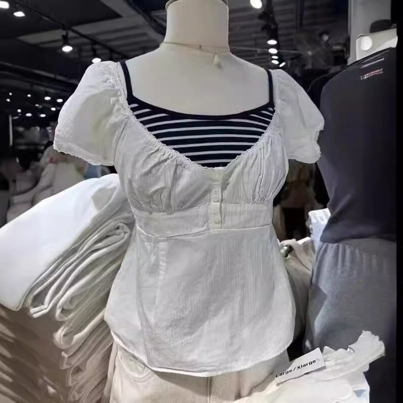 bm Style American Retro New Ruffled Short-sleeved Puff Sleeve Shirt bm French Fresh Square Collar Top Women's Summer Trend