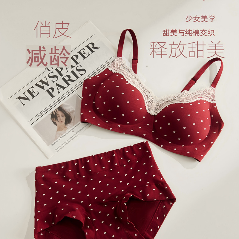New Style Pure Cotton Sweet Lace Underwear, Medium-Thin, Small Chest Gathering, Comfortable Fixed Cup, Breathable Pure Desire Bra