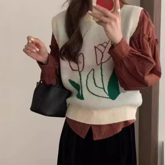 24 invierno Puyuan primavera y otoño nuevo chaleco de jersey de punto de mujer estilo coreano Jacquard cuello redondo suelto image 1