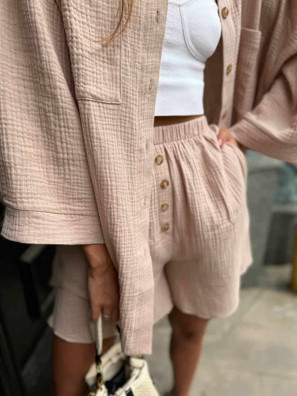 Casual Button-Up Cardigan & Shorts Set – Breathable Polyester Lounge-to-Street Outfit (S-XL, 4 Fresh Colors, Euro-US Minimalist Comfort)_ecoleips.com