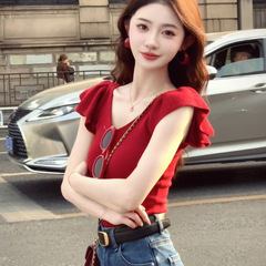 红色V领短袖针织衫正肩女夏季修身显瘦纯欲辣妹小飞袖短款上衣