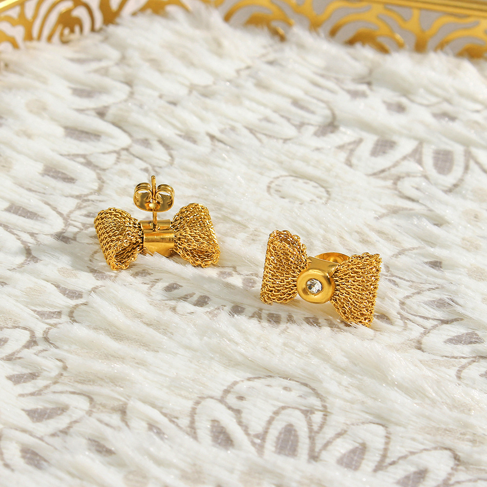 Sweet Geometric Bow Knot Stainless Steel Ear Studs Zircon Stainless Steel Earrings