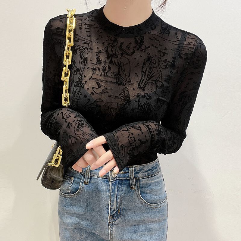 Mesh Flocking Top Black Yarn Inner Fashioning Tight-Fit Yarn Lace Base Shirt Women's 2023
