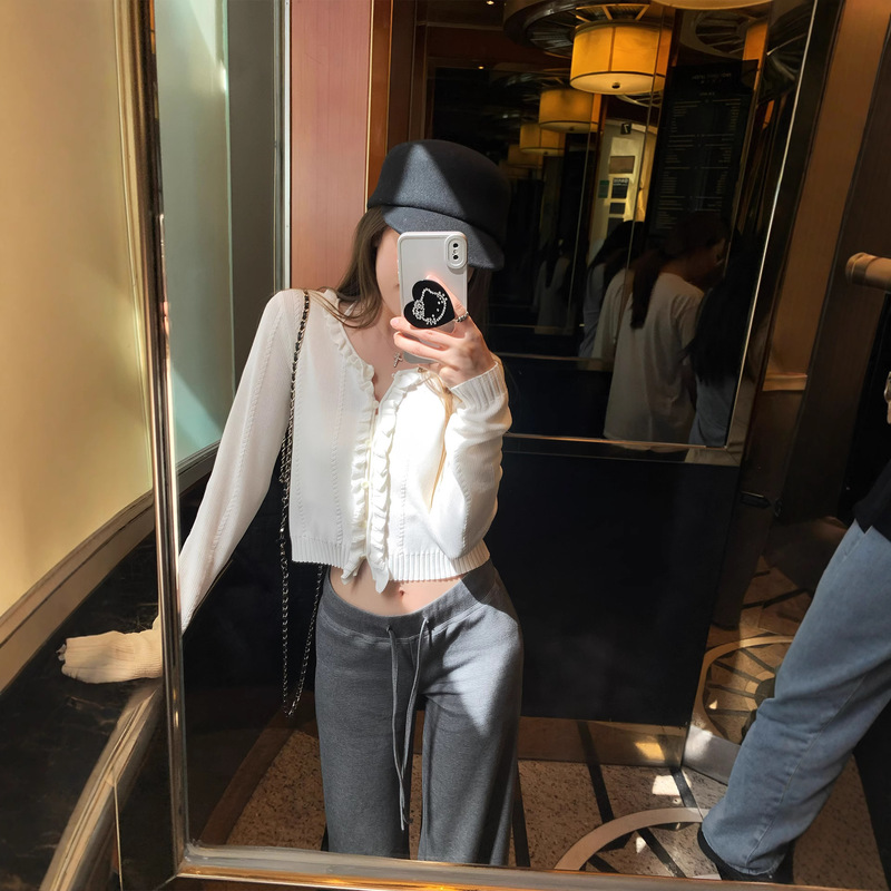 Hhyii 里斯本早秋 木耳边针织开衫女韩系早秋设计感修身长袖上衣|undefined