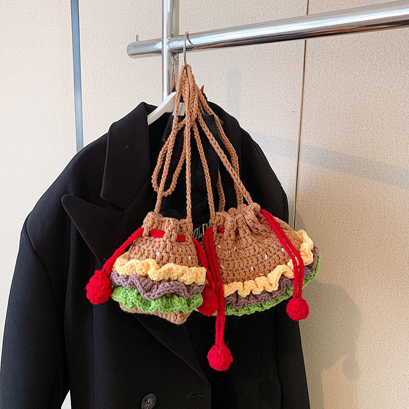 Nuevo terminado lindo hamburguesa cordón bolsa de moda creativa pequeños niños tejidos cubo bolsa de dibujos animados bolsa chica