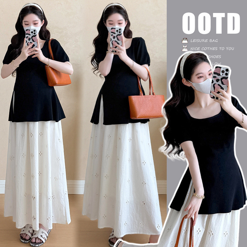 2026 Summer Maternity Wear French Style Simple Two-Piece Set New Sweet Slit Top with Pig Nose Button Maternity Skirt