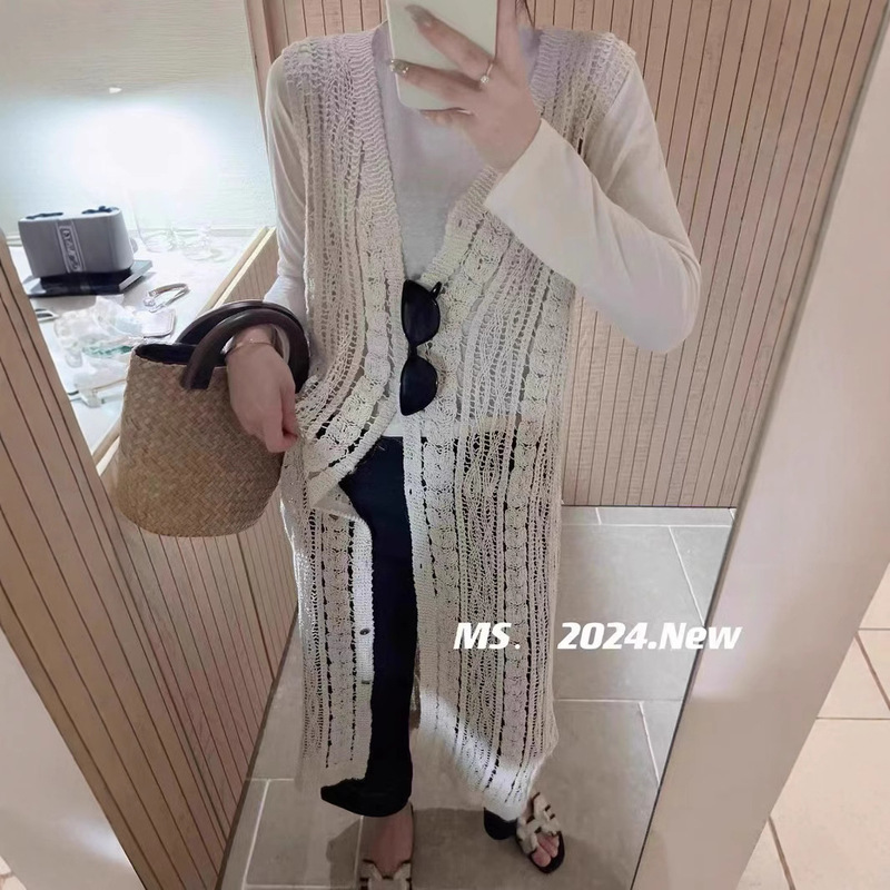 Korean Style Gentle Style Mid-length V-neck Hollow-out Knitted Sweater Cardigan Top Women's Fashionable Elegant Stylish Age-reducing Jacket