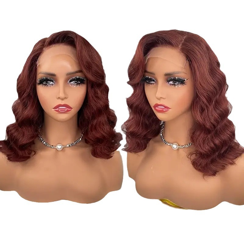 Pruik met golvende voorkant en kant, roodbruin, volledige hoofdbedekking, 13 x 4 cm, trendy, populaire haarextensies, synthetisch haar._voghion.com