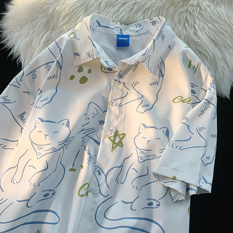 Cartoon Cat Half Sleeve Shirt Boys Summer Loose Cardigan Shirt Lapel Design Popular New Style