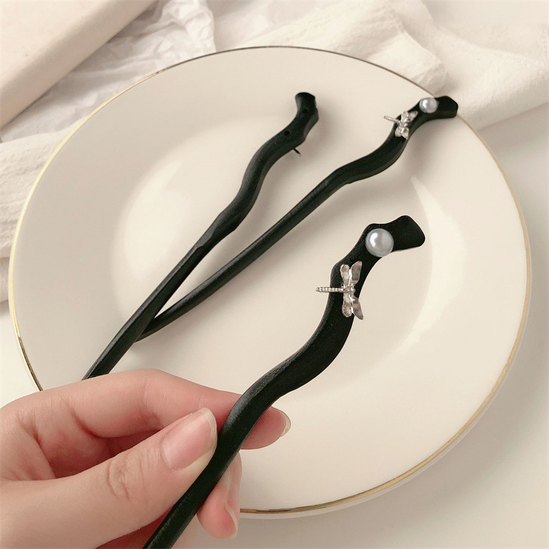 Perla de libélula de alta calidad simple pinza de cabello de mujer antiguo madera de madera negra bola de cabello y pinza de cabello de corte de cabello