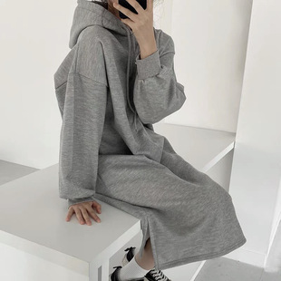 Autumn and Winter Hooded Pullover Long Sweatshirt for Women Korean Style Loose Slimming Look Mid-Length Over-The-Knee Slit Fleece-Lined Dress
