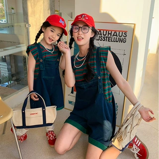 一起玩亲子装韩版母子母女撞色牛仔背带裤背心套夏季新T23X47现货