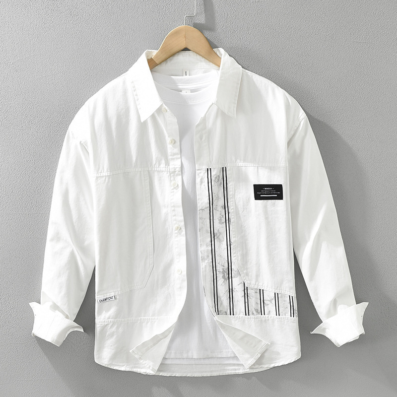 7308 Men's Japanese Style Patchwork Long Sleeve Shirt Youth Casual Versatile Artistic Loose Print Top One Piece Dropshipping